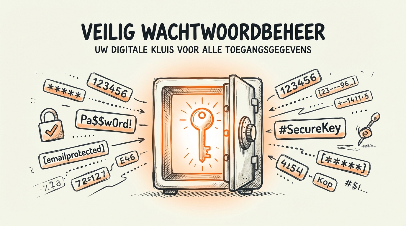 Wachtwoordmanager veilig wachtwoordbeheer illustratie met digitale kluis en wachtwoorden