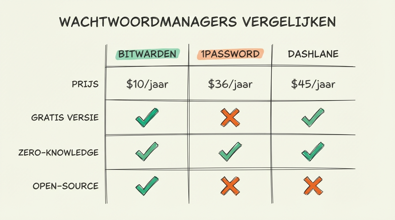 Vergelijking wachtwoordmanagers Bitwarden, 1Password en Dashlane met prijzen en features
