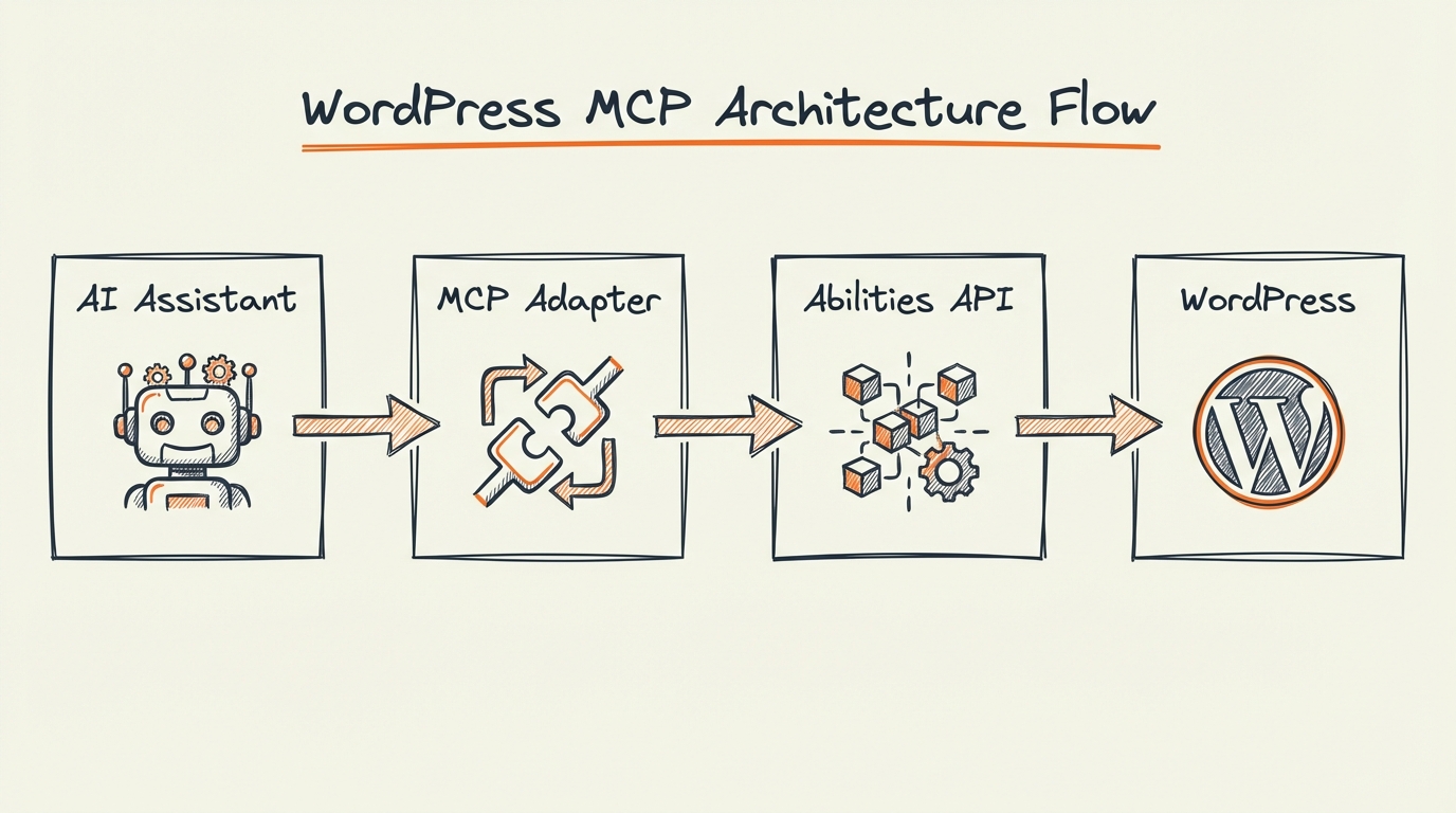 WordPress MCP architectuur: data flow van AI Assistant via MCP Adapter en Abilities API naar WordPress