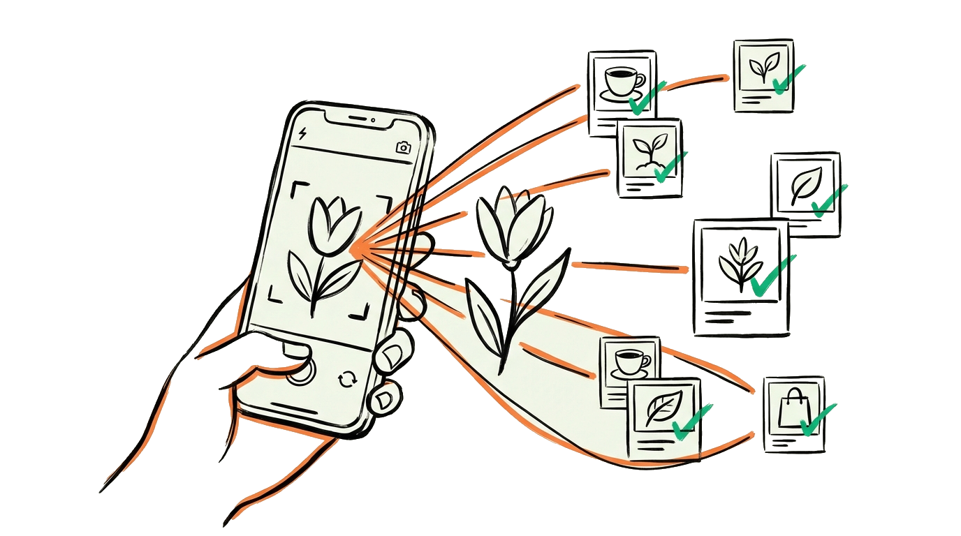Illustratie van visueel zoeken - smartphone die een object scant met verbindingslijnen naar zoekresultaten