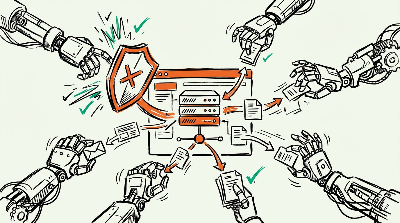 Illustratie van AI-bots die een website crawlen - meerdere mechanische handen reiken naar een centrale server