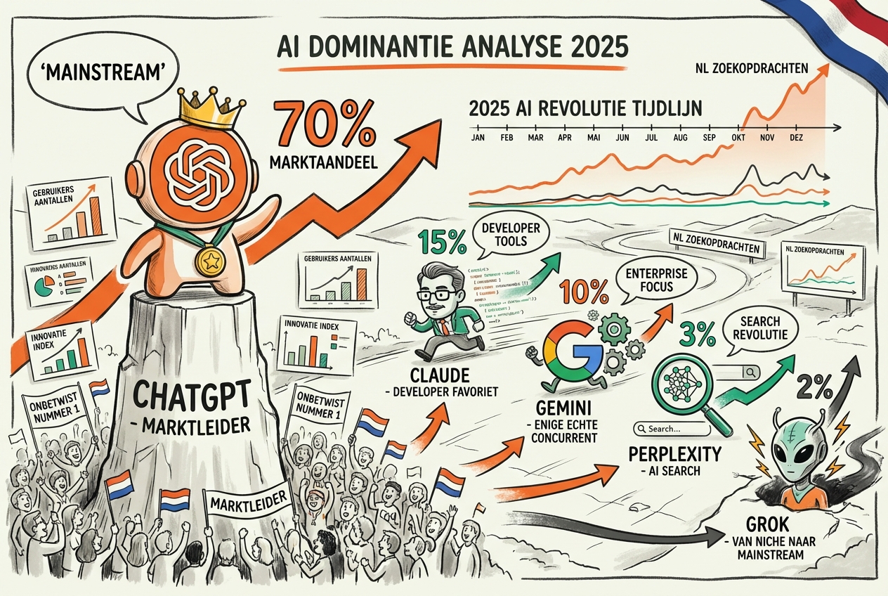 AI revolutie 2025 battle visualisatie: dramatische race scene toont 5 AI platforms in competitie, ChatGPT als duidelijke winnaar ver voorop met dominante positie (draagt gouden medaille, grootste aanwezigheid, publiek juicht), gelabeld 'CHATGPT - MARKTLEIDER', Claude getoond als verfijnde developer-focused concurrent in tweede tier positie gelabeld 'CLAUDE - DEVELOPER FAVORIET', Gemini haalt snel in met Google branding gelabeld 'GEMINI - ENIGE ECHTE CONCURRENT', Perplexity als AI search specialist gelabeld 'PERPLEXITY - AI SEARCH', Grok opkomend vanuit niche gelabeld 'GROK - VAN NICHE NAAR MAINSTREAM', elke AI weergegeven als uniek karakter/icoon racend op circuit, podium toont ongelijke hoogtes (ChatGPT toren veel hoger), marktaandeel percentages zwevend boven elk platform (ChatGPT 70%, anderen kleiner), groei snelheid pijlen tonen trajecten, Nederlandse zoektrend lijn grafieken op achtergrond stijgend en dalend, winner-takes-all battlefield thema met ChatGPT domineert centrum podium, data visualisatie elementen (staaf grafieken, lijn grafieken, trend pijlen) ge&iuml;ntegreerd doorheen, spraak ballonnen tonen key differentiators ('mainstream', 'developer tools', 'enterprise focus', 'search revolutie'), 2025 kalender/tijdlijn toont jaar progressie, Nederland vlag subtiel in hoek, competitief maar data-gedreven esthetiek - visualiseert AI markt dominantie analyse toont ChatGPT overweldigende voorsprong terwijl concurrenten vechten voor relevantie in Nederlandse markt