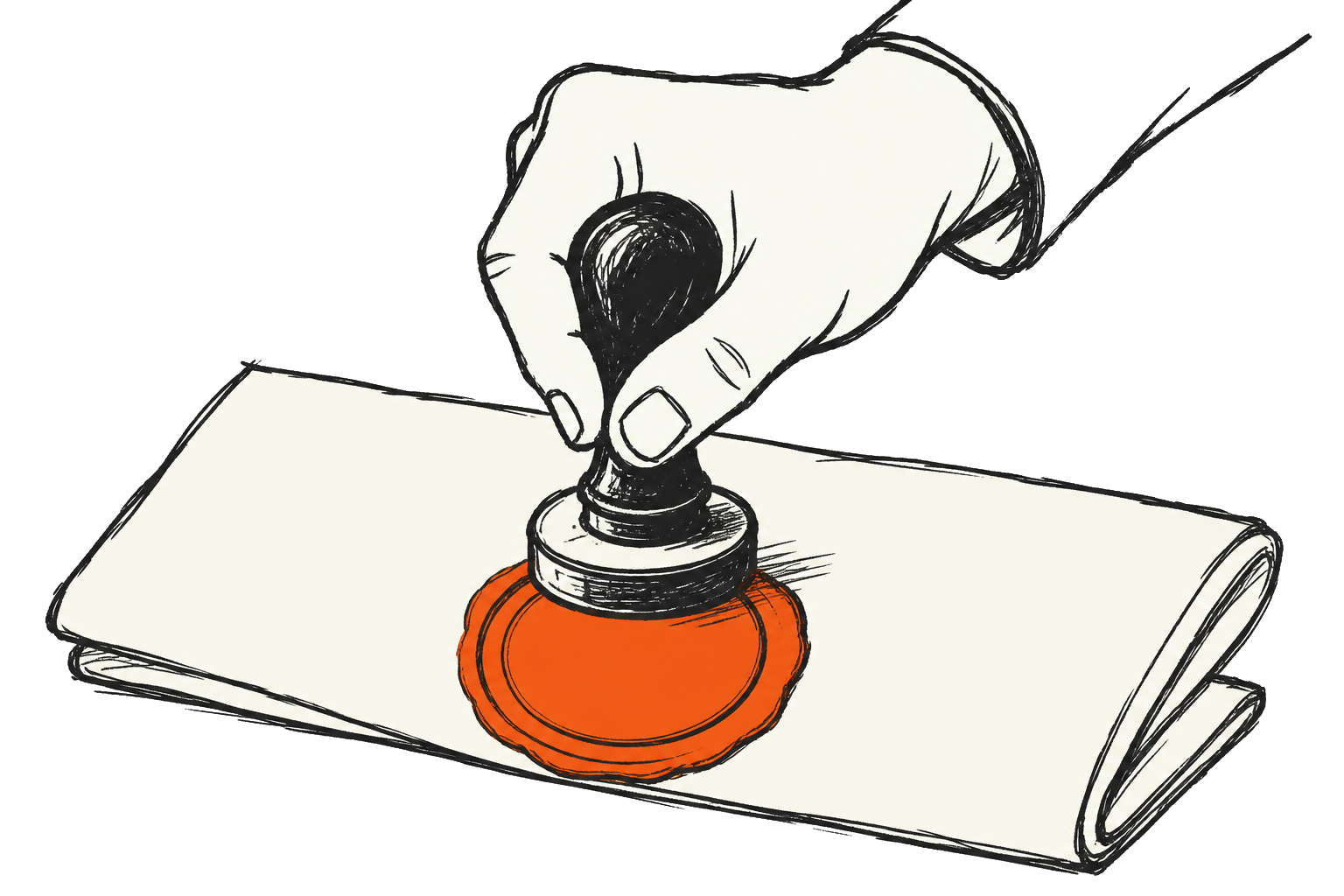 Hand drukt een oranje wasstempel op een document, autoriteit en vertrouwen voor AI-modellen
