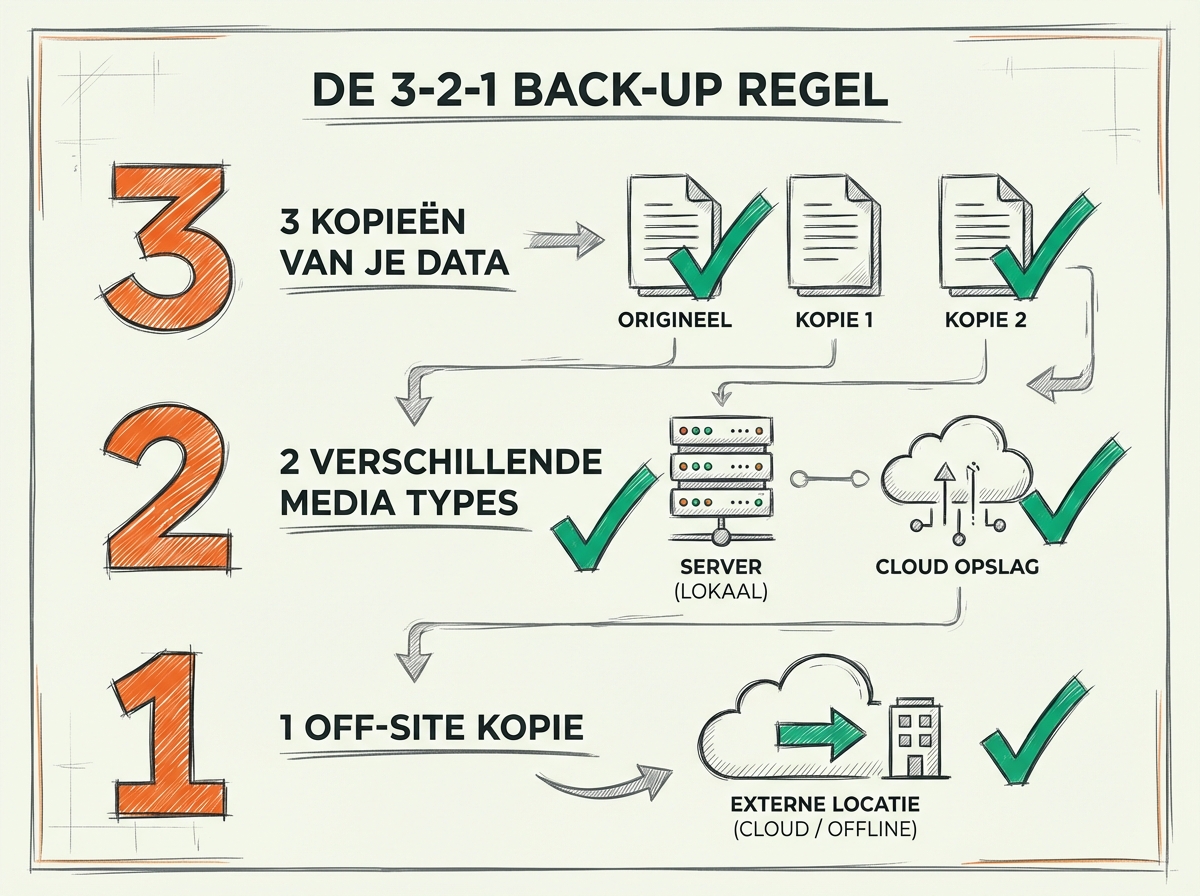 3-2-1 backup regel infographic: 3 kopie&euml;n van data, 2 verschillende media types, 1 off-site kopie - visuele uitleg van de beste backup strategie