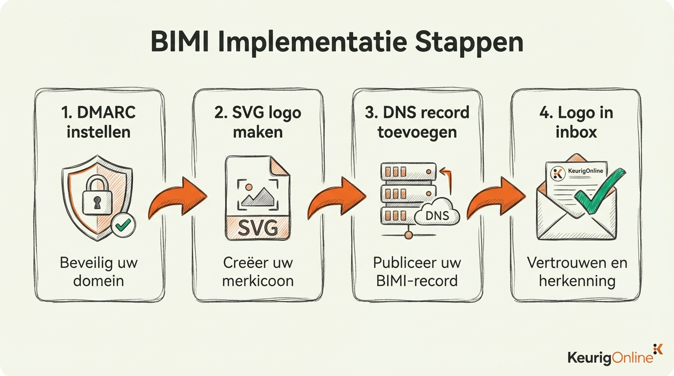 BIMI implementatie stappenplan: DMARC instellen, SVG logo maken, DNS record toevoegen, logo in inbox