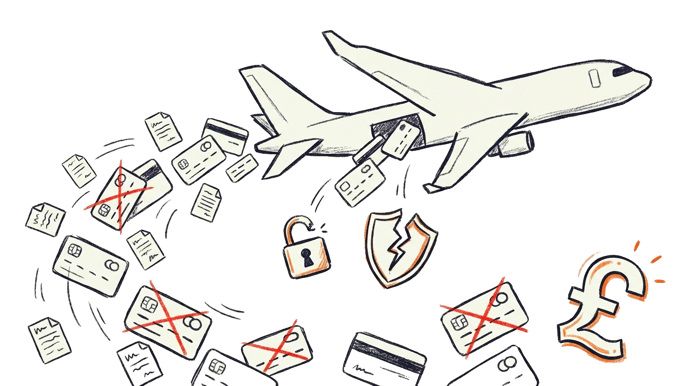 Abstracte illustratie van British Airways data breach: centraal BA vliegtuig logo silhouet met breach waarschuwing, prominente &pound;20 MILJOEN BOETE tekst badge met rode alert, ~420.000 klant data records wegstromend (creditcards, persoonlijke info, CVV codes getoond als data stream), Magecart JavaScript code snippet met malicious 22 lijnen highlighted, GDPR schild gebroken, checkout betaling pagina met rode injectie punt, 15 dagen tijdlijn indicator 21 aug - 5 sept 2018, ICO UK regulator hamer of handhaving symbool, gestolen creditcard data visualisatie, reputatie schade indicator met dalende brand trust grafiek - visualiseert massale GDPR boete consequentie van security breach