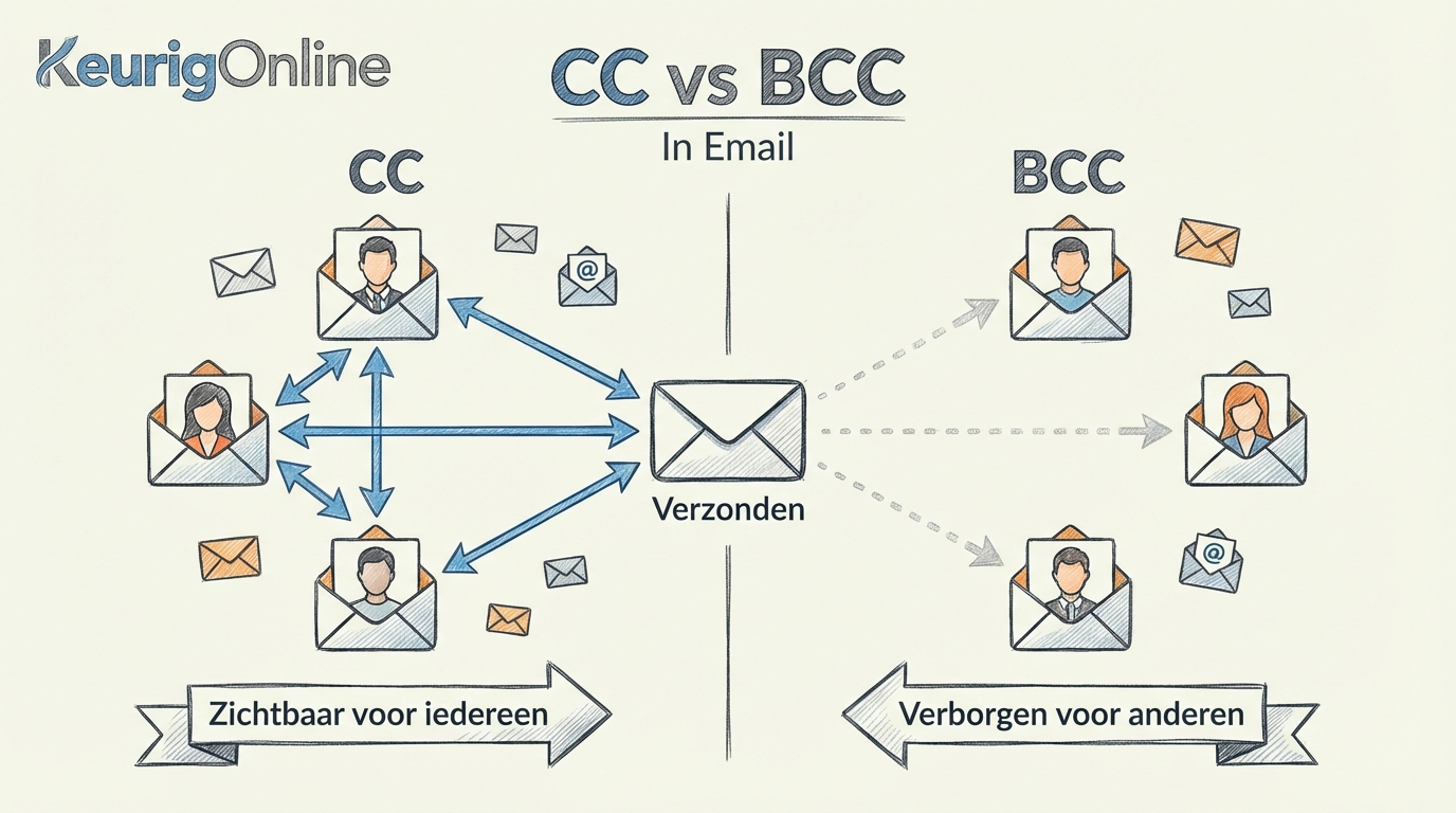 Visuele vergelijking: CC toont alle ontvangers aan elkaar, BCC verbergt ontvangers voor elkaar