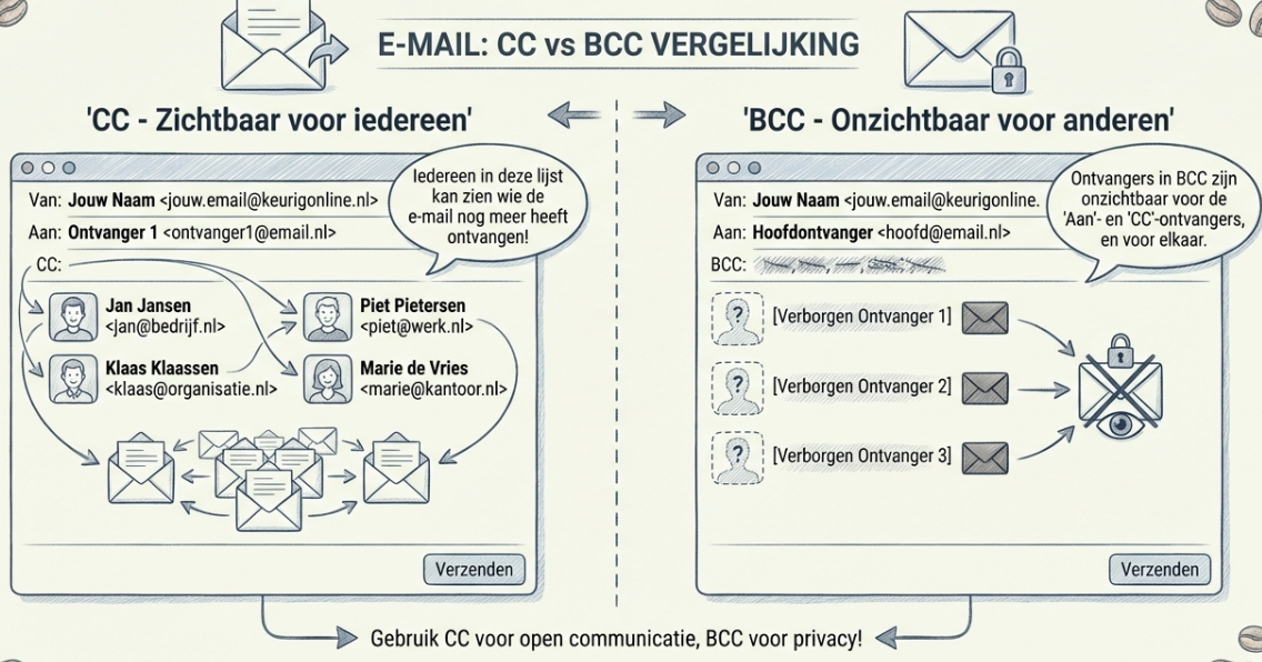 Verschil tussen CC en BCC in e-mail: CC is zichtbaar voor alle ontvangers, BCC is verborgen