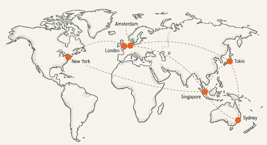 Wereldkaart met CDN distributie punten in Amsterdam, New York, Tokyo, Singapore, Sydney en Londen
