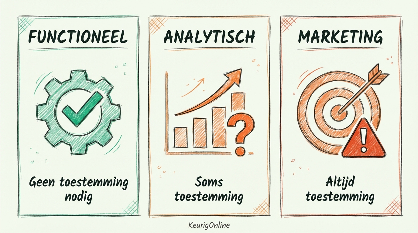 Diagram van de drie cookie categorie&euml;n: functioneel, analytisch en marketing