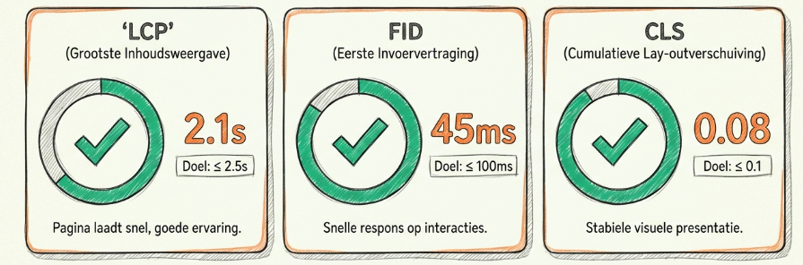 Dashboard met Core Web Vitals metrieken: LCP, FID en CLS scores