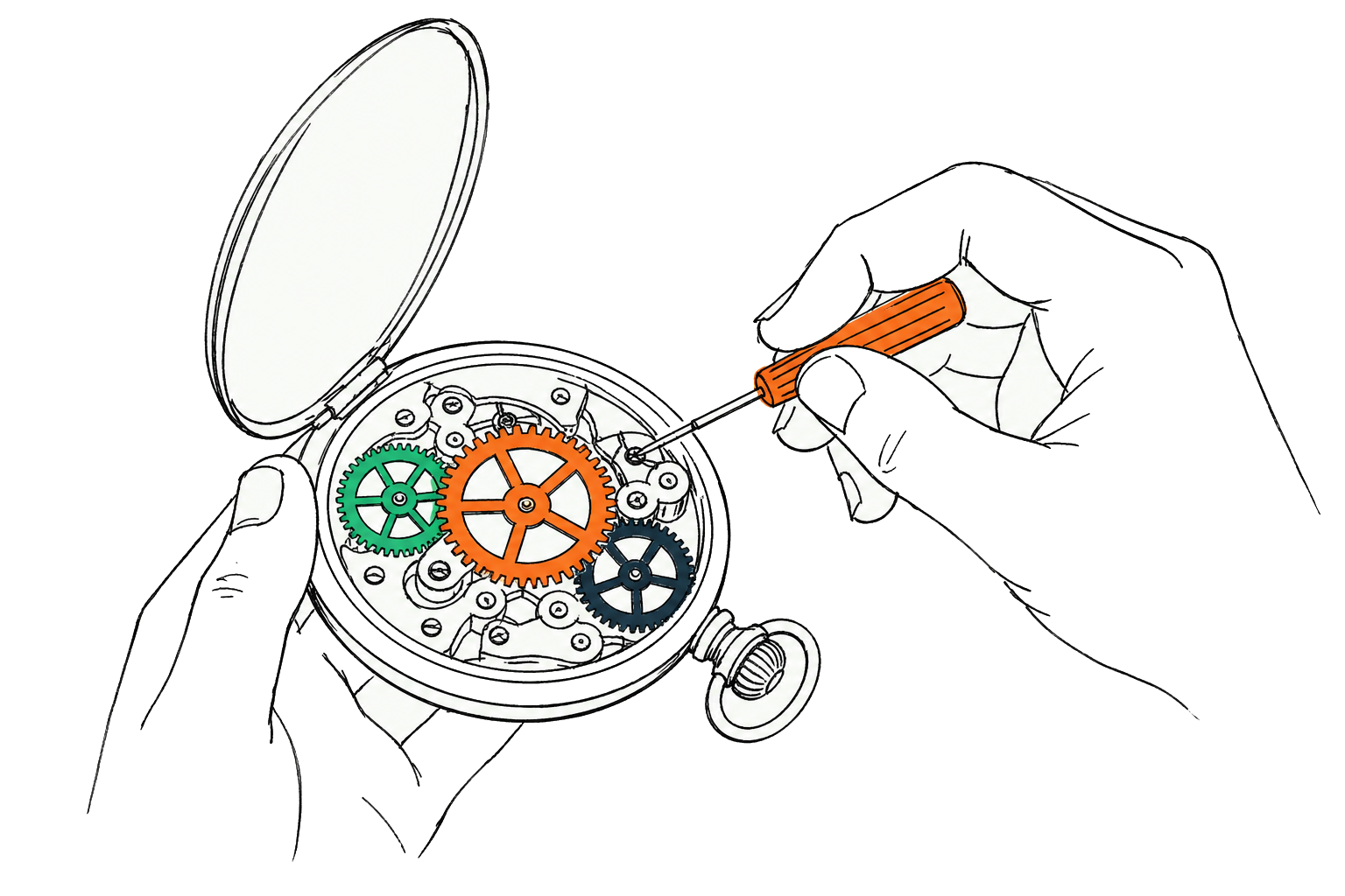 Handen stellen met een schroevendraaier het fijne raderwerk van een open zakhorloge af
