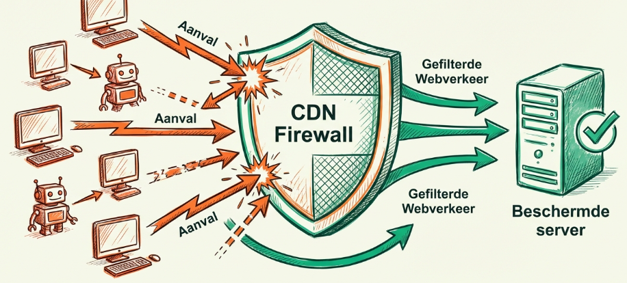 DDoS attack mitigatie diagram: aanvallende computers links worden geblokkeerd door CDN firewall shield in het midden, beschermde server rechts met groene checkmark - toont hoe CDN malicious traffic filtert