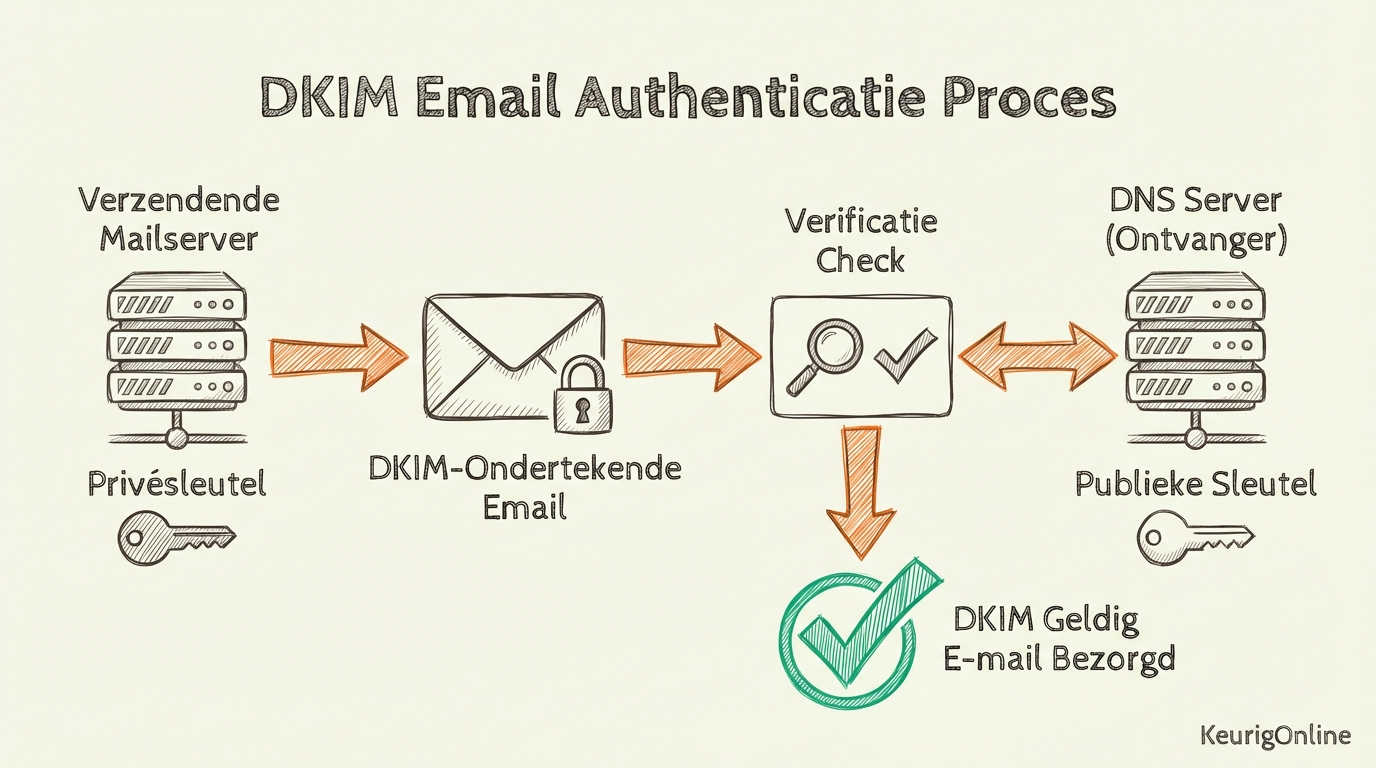 DKIM email authenticatie: digitale handtekening verificatie tussen mailserver en DNS