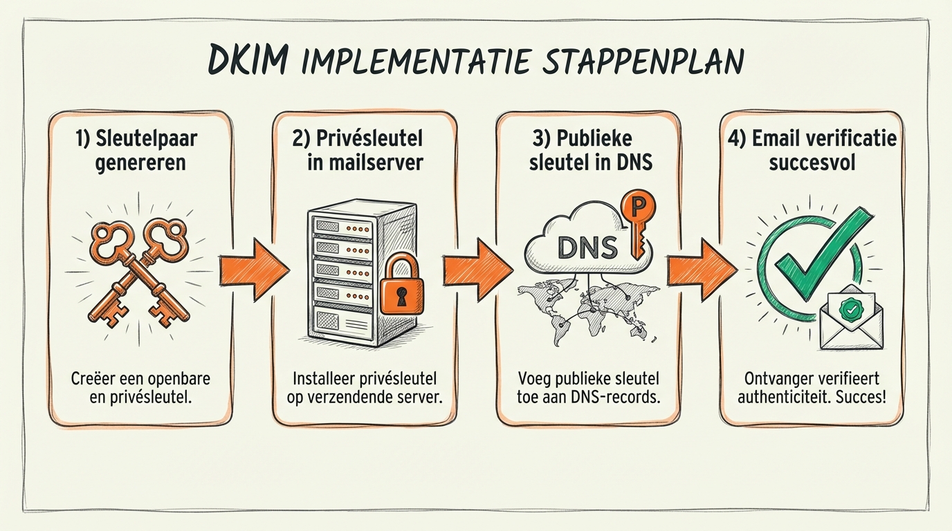 DKIM implementatie stappenplan: sleutelpaar genereren, priv&eacute;sleutel in mailserver, publieke sleutel in DNS, verificatie