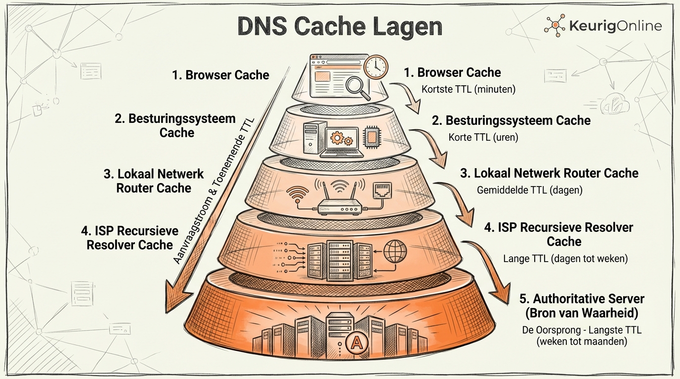DNS caching lagen diagram: browser, OS, resolver, ISP