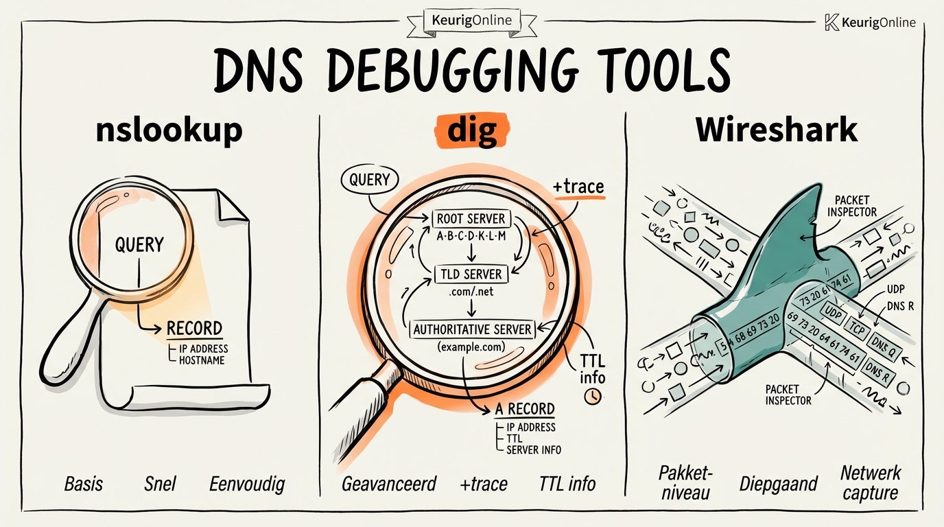 Vergelijking van nslookup, dig en Wireshark output voor DNS debugging