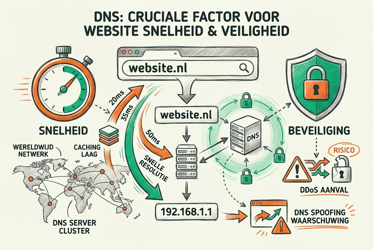 Abstracte illustratie van DNS systeem: centraal domeinnaam website.nl in browser adresbalk transformeert naar IP-adres 192.168.1.1 via DNS, twee hoofdthema's getoond - SNELHEID met stopwatch en snelle pijlen (20-50ms), BEVEILIGING met schild en lock symbolen, DNS server cluster, globale netwerk connecties, caching layer, risico elementen met oranje alerts (DDoS aanval, DNS spoofing) - visualiseert DNS als cruciale factor voor website performance en security