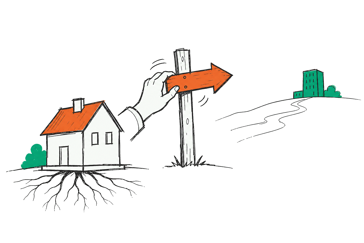 Een hand draait een wegwijzer naar een ander gebouw, terwijl het huis zelf blijft staan