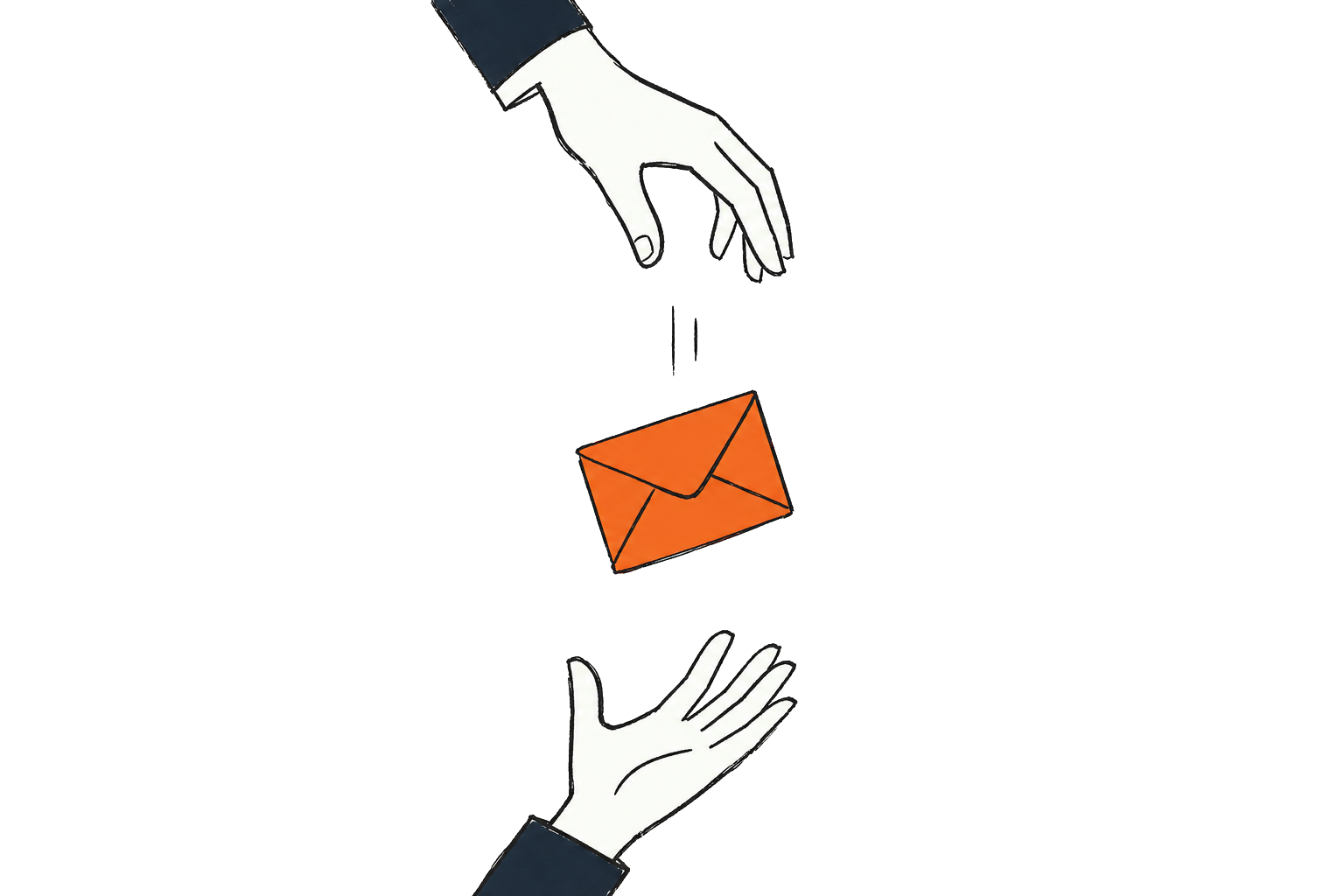 Een envelop valt tussen twee handen door omdat de onderste hand hem niet op tijd opvangt