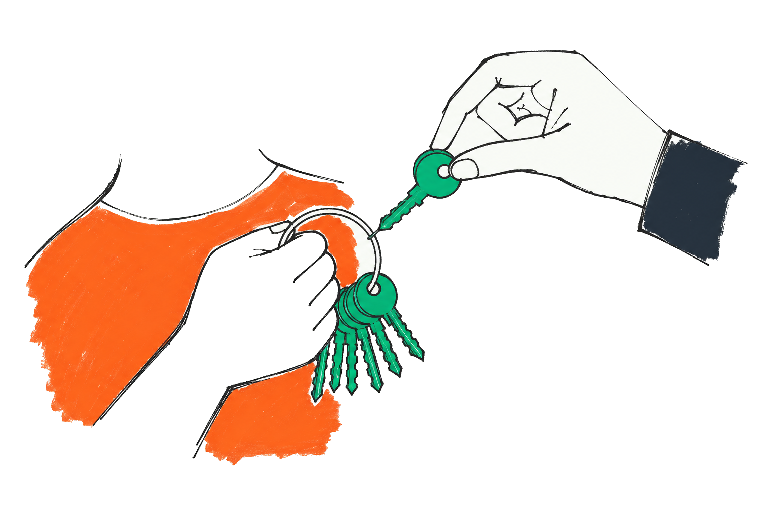 Een hand geeft &eacute;&eacute;n losse sleutel uit een sleutelbos, terwijl de rest van de bos blijft