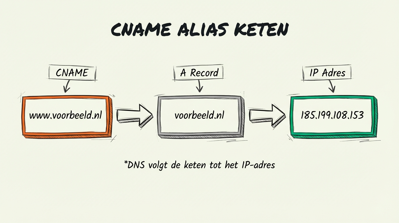 Hoe een CNAME record werkt: www.voorbeeld.nl wijst via CNAME naar voorbeeld.nl, dat via A record naar IP-adres 185.199.108.153 wijst