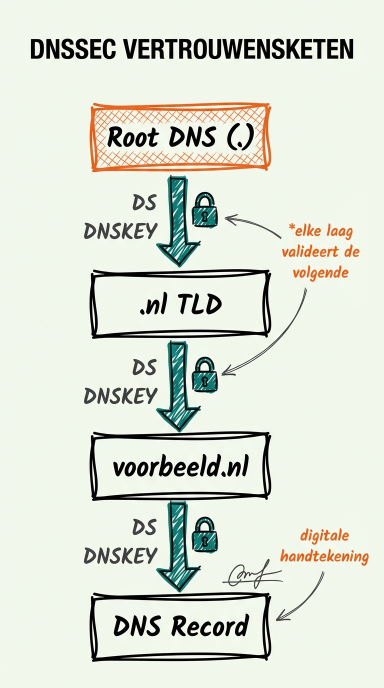DNSSEC chain of trust: validatie loopt van de root zone via .nl registry naar je domein, waarbij elke stap de volgende verifieert
