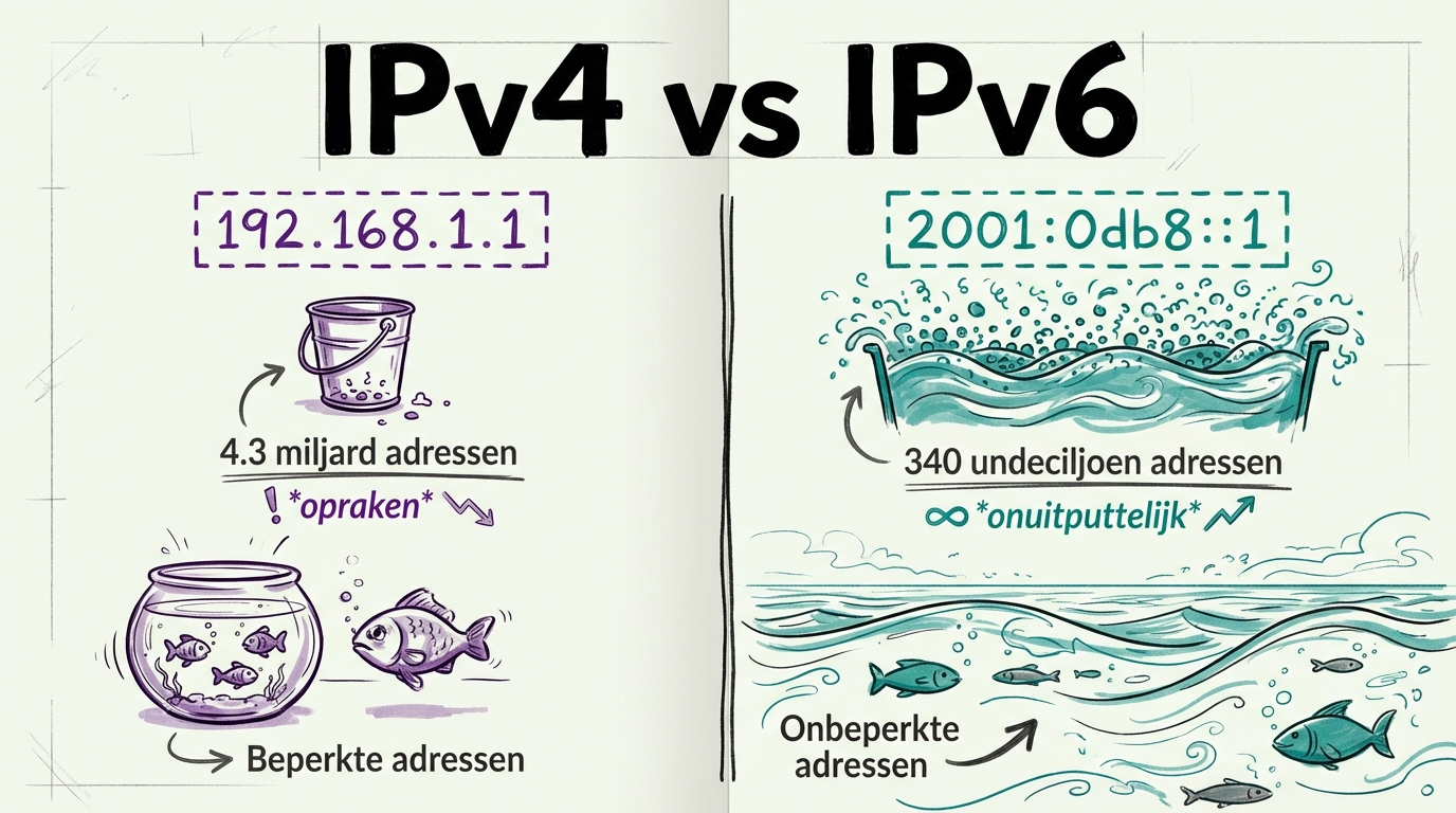 Vergelijking tussen IPv4 (32-bit, 4.3 miljard adressen) en IPv6 (128-bit, 340 undeciljoen adressen) adresformaten