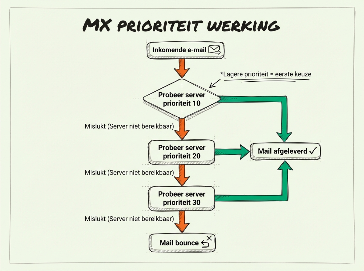 MX record prioriteit uitgelegd: mail server met prioriteit 10 wordt eerst geprobeerd, bij falen wordt backup met prioriteit 20 gebruikt