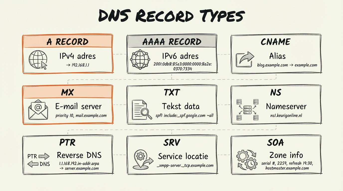 Overzicht van de belangrijkste DNS record types: A, AAAA, CNAME, MX, TXT, NS, PTR, SRV, SOA en DNSSEC met hun functies