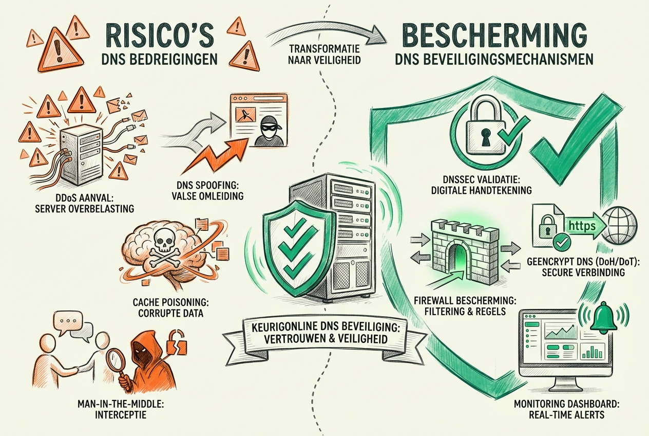 Abstracte illustratie van DNS beveiliging: tweezijdige compositie - links RISICO'S met oranje alerts (DDoS aanval overwhelmed server, DNS spoofing fake redirect, cache poisoning corrupted data, man-in-the-middle interceptie), rechts BESCHERMING met groen schild (DNSSEC validation lock, firewall, encrypted DNS DoH/DoT met https lock, monitoring dashboard alert systeem), centraal DNS server beschermd met groen schild en checkmarks - visualiseert DNS security threats en defense mechanismen