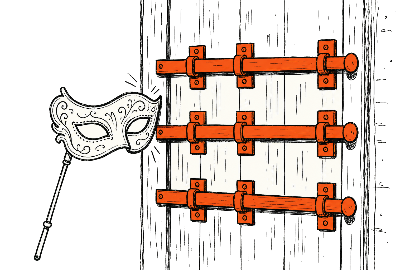 Een theatraal masker wordt tegengehouden door een deur met drie stevige grendels