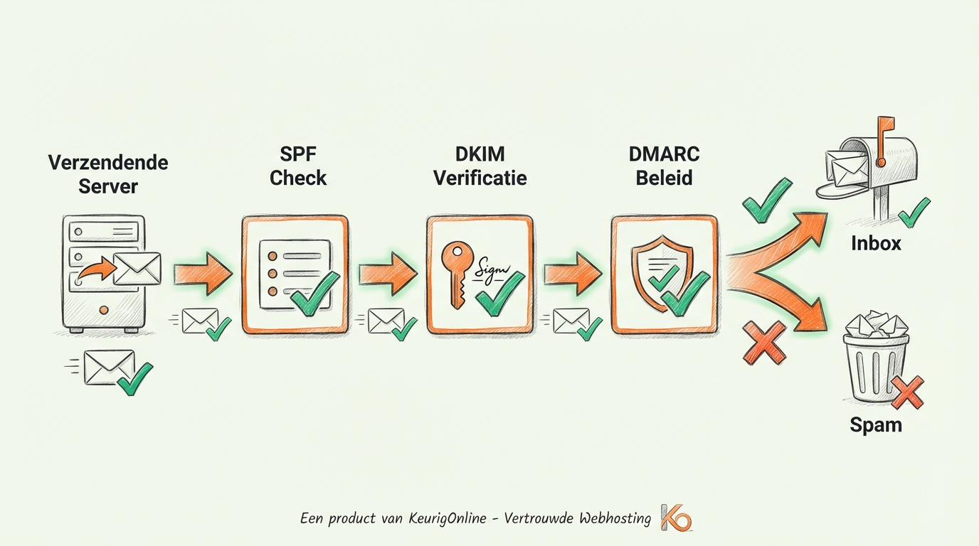 Email authenticatie flow: verzendende server, SPF check, DKIM verificatie, DMARC beleid naar inbox of spam