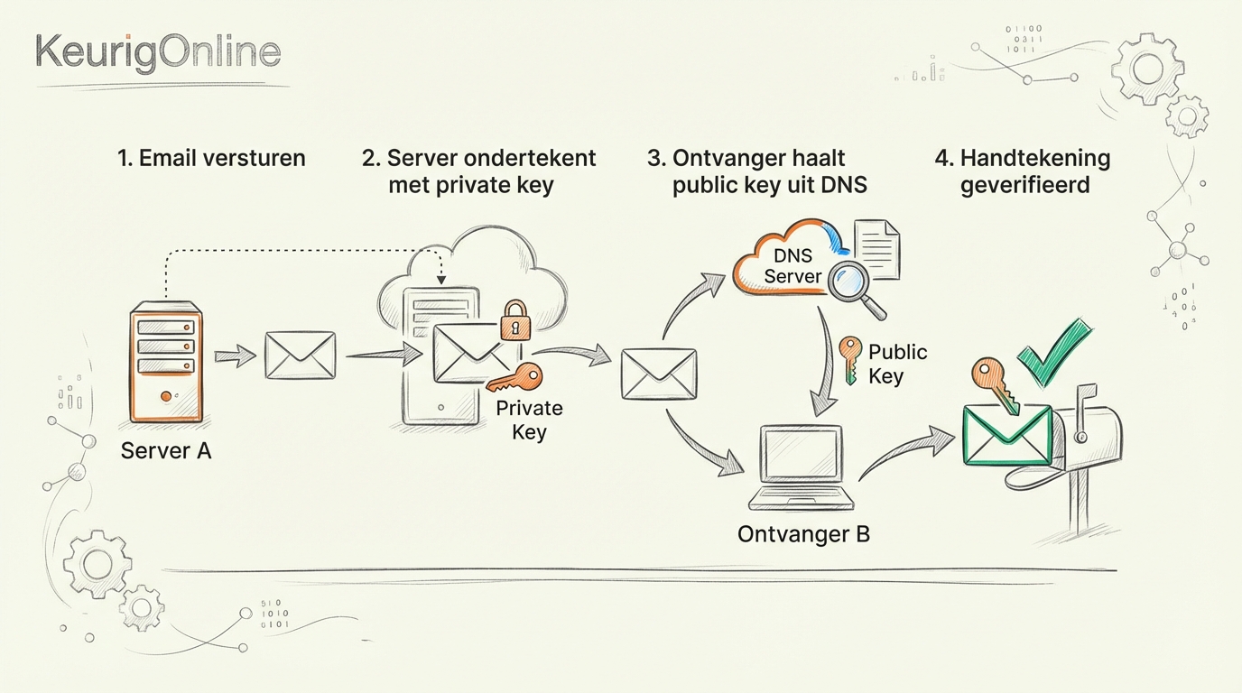 DKIM ondertekeningsproces: email versturen, ondertekenen met private key, public key uit DNS, verificatie