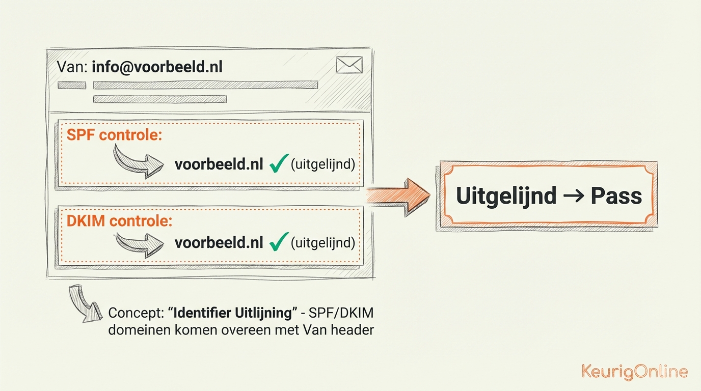 DMARC alignment: From header info@voorbeeld.nl met SPF en DKIM geverifieerd naar aligned pass