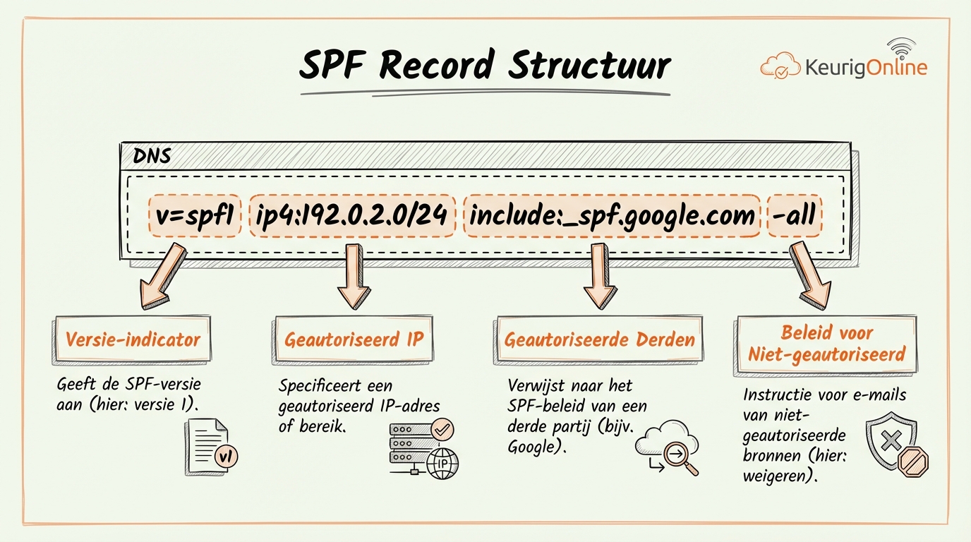 SPF record structuur: v=spf1, ip4 mechanismen, include statements en -all qualifier