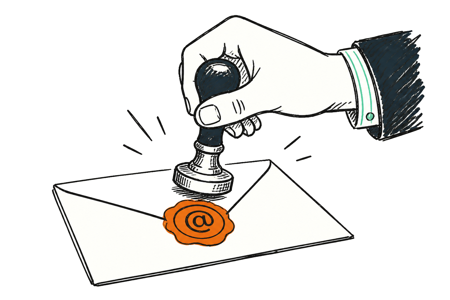 Hand drukt een oranje lakzegel met @-teken op een envelop
