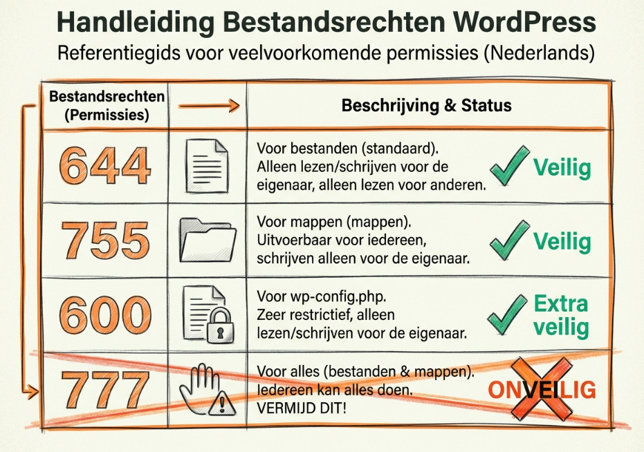 File permissions referentie: 644 voor bestanden (veilig), 755 voor mappen (veilig), 600 voor wp-config.php (extra veilig), 777 doorgestreept (ONVEILIG) - visuele gids voor correcte WordPress permissions