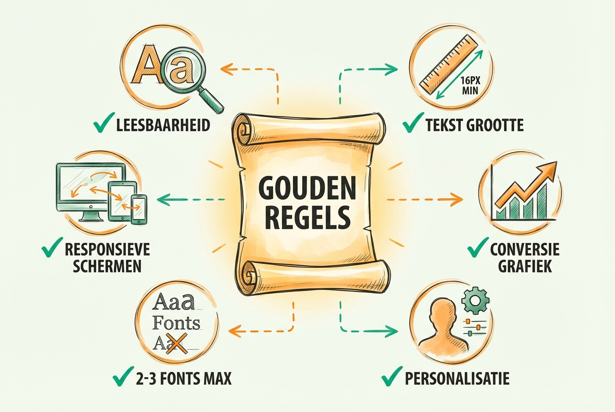 Abstracte illustratie van gouden regels voor typografie: centraal boek of scroll met GOUDEN REGELS titel, omringd door 6 best practice iconen met groene vinkjes - helder leesbaar Aa voor leesbaarheid, responsive devices voor schermen testen, 2-3 fonts max label, 16px minimum tekst grootte meetlat, conversie grafiek met stijgende lijn, personalisatie gebruiker profiel icoon - visualiseert positieve best practices en succes principes voor font selectie