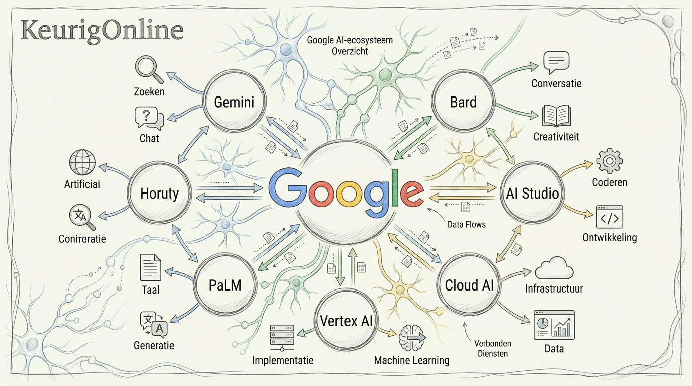 Google AI ecosysteem overzicht: Gemini, NotebookLM, AI Studio, Imagen en andere Google AI tools verbonden met het centrale Google logo