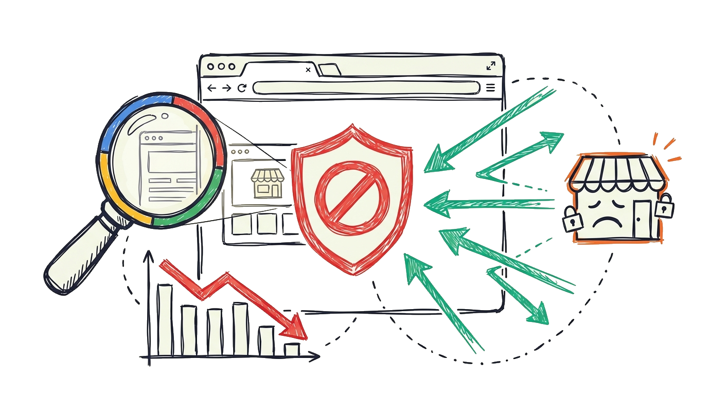 Abstracte illustratie van Google Safe Browsing blacklist waarschuwing: centraal browser venster met prominente rode waarschuwing scherm toont DEZE SITE IS MOGELIJK GEHACKT tekst, Google Safe Browsing schild met rode X, 50 procent traffic verlies grafiek toont scherpe daling, SEO ranking valt van pagina 1 naar onzichtbaar, kleine webshop storefront met gesloten bord, malware infectie spreidt door website paginas, Google zoekresultaten met rode waarschuwing label naast site, 4 maanden downtime kalender recovery tijdlijn, bezoeker stuitert weg met rode stop hand, omzet daalt met lege winkelwagen, WordPress site met malware code ge&iuml;njecteerd, backup herstel proces nodig - visualiseert verwoestende SEO en business impact van Google blacklist op kleine onderneming