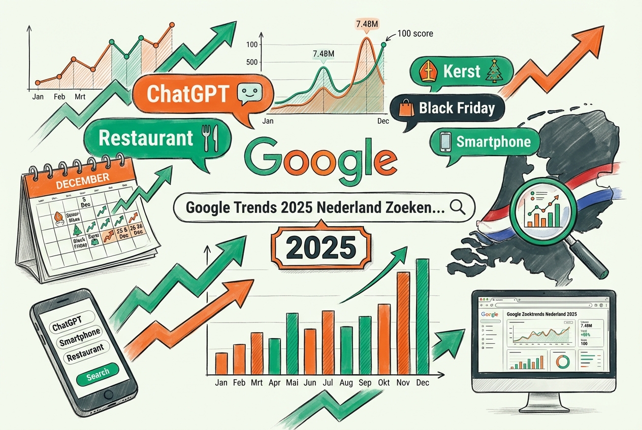 Abstracte illustratie van Google zoektrends 2025 Nederland: centraal Google zoekbalk met trending keywords zwevend (ChatGPT, Restaurant, Sinterklaas, Kerst, Black Friday, Smartphone), omringd door data visualisatie elementen - lijn grafieken met stijgende trends tonen zoekvolume pieken, staaf diagrammen met maandelijkse data, trend pijlen omhoog, kalender met seizoenspieken gemarkeerd, Nederland NL kaart silhouet, vergrootglas over data, 2025 jaar badge prominent, zoekvolume cijfers (7,48M, 100 score), smartphone en desktop apparaten tonen zoekopdrachten - visualiseert uitgebreide Google zoektrends analyse voor Nederland 2025