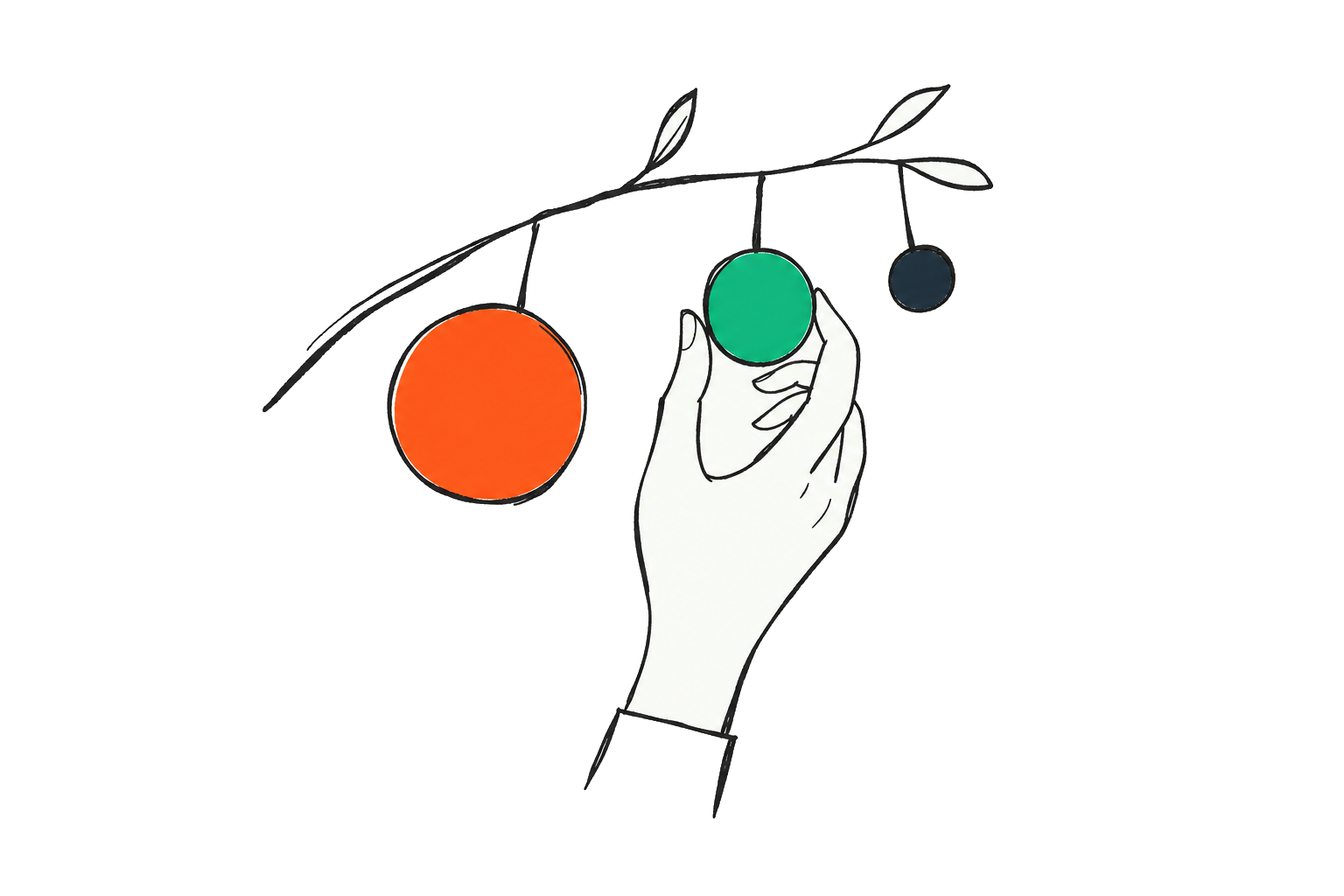 Een hand plukt de juiste modelmaat uit drie zwevende bollen