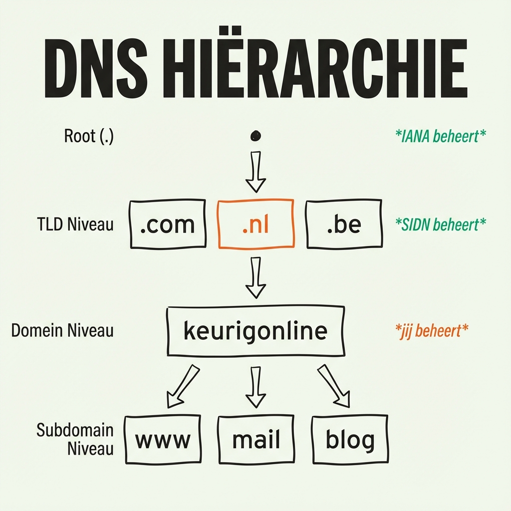 DNS hiërarchische boomstructuur met root, TLD, domain en subdomain niveaus