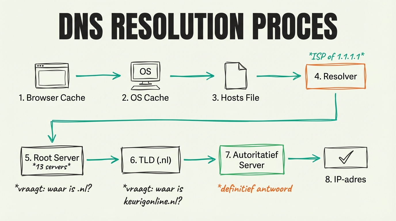 DNS resolution proces diagram met 8 stappen van browser naar autoritatieve server