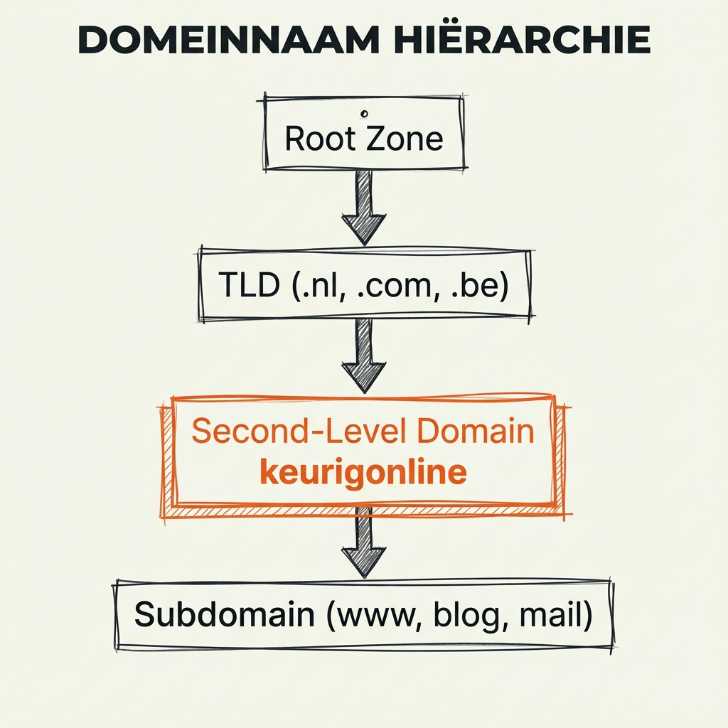 Diagram van de domeinnaam hiërarchie: van root (.) naar TLD (.nl, .com, .be) naar SLD (keurigonline) naar subdomains (www, shop, mail)