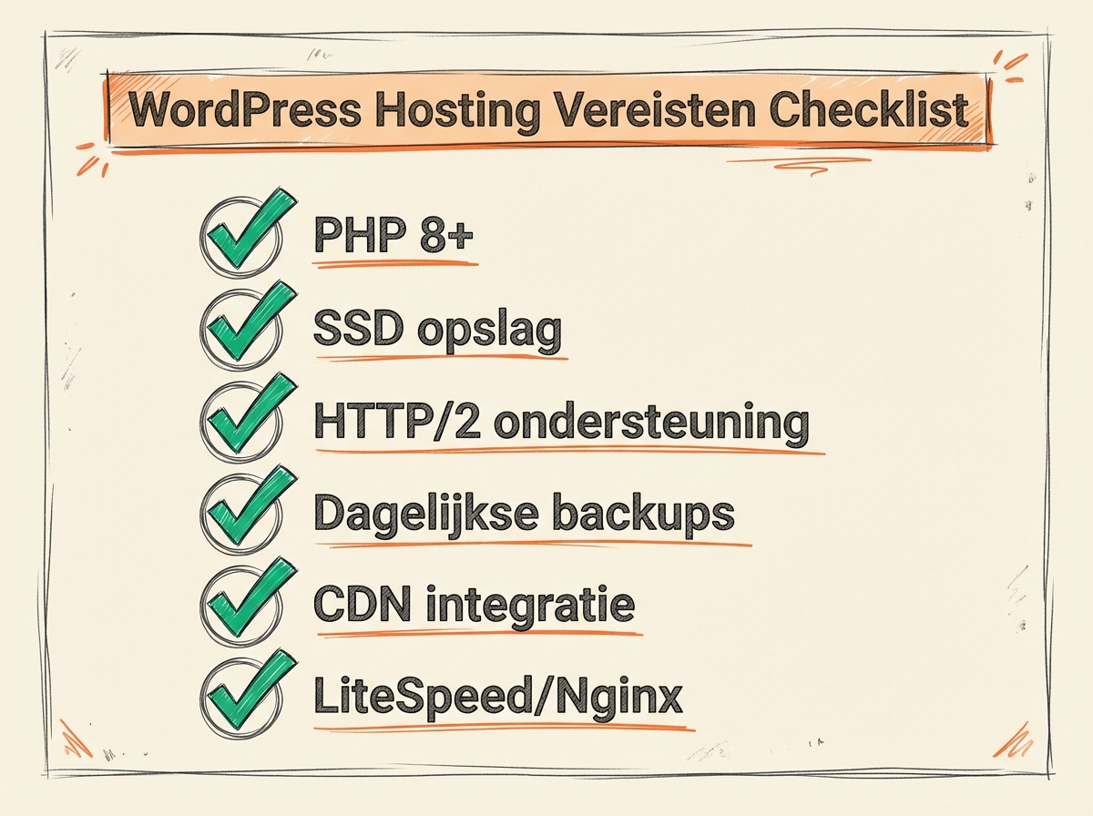 Checklist voor WordPress hosting vereisten: PHP 8+, SSD opslag, HTTP/2 ondersteuning, dagelijkse backups en CDN integratie