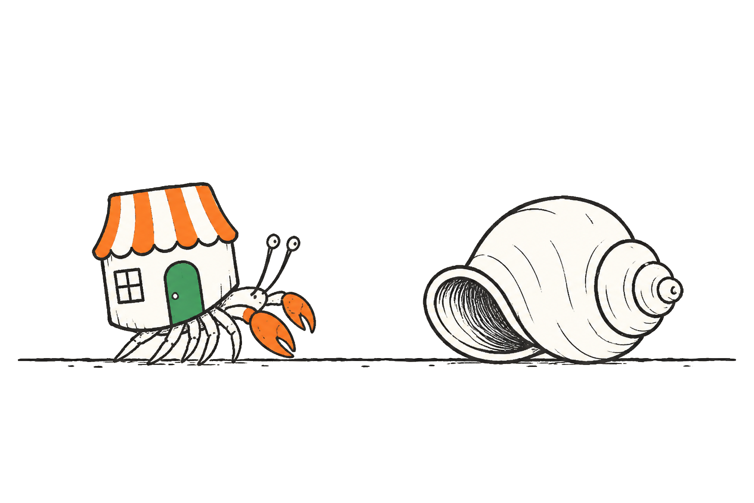 Heremietkreeft met een klein winkeltje als schelp, naast een grotere lege schelp