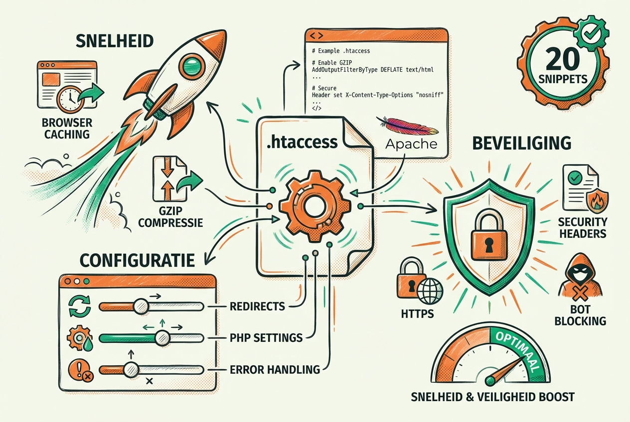 Abstracte illustratie van htaccess optimalisaties: centraal .htaccess document met tandwiel, drie hoofdcategorieën - SNELHEID met raket en cache icoon (browser caching, GZIP), BEVEILIGING met schild en lock (HTTPS, security headers, bot blocking), CONFIGURATIE met settings sliders (redirects, PHP, error handling), code snippet preview met brackets en Apache logo, performance meter met groene zone, 20 snippets badge - visualiseert htaccess als krachtige tool voor website optimalisatie