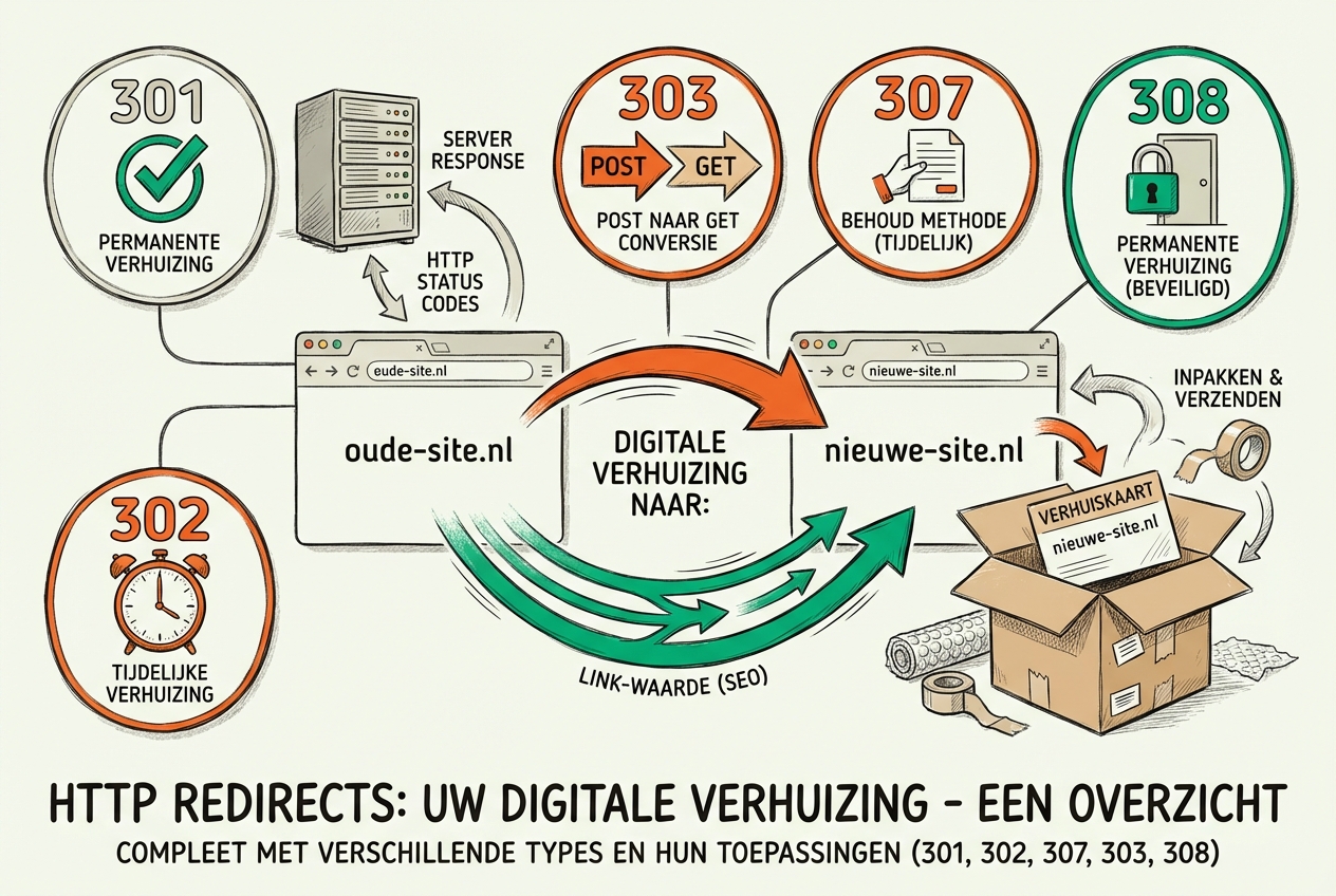 Abstracte illustratie van HTTP redirects: centraal oude URL oude-site.nl met redirect pijl naar nieuwe-site.nl, omringd door status code badges - 301 permanent met groene vinkje, 302 tijdelijk met oranje klok, 307 met preserved method icoon, 303 POST naar GET conversie pijl, 308 permanent met lock, browser venster met locatie pijl, server response, SEO link equity flow met groene pijlen, verhuiskaart moving box metafoor - visualiseert HTTP redirect als digitale verhuizing met verschillende types